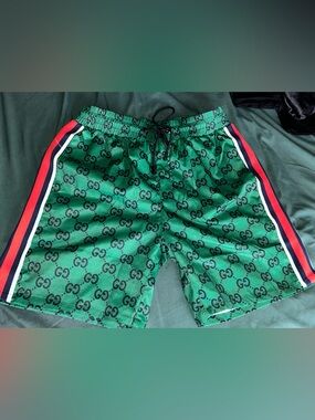 Gucci Green GG Monogram Swim Shorts with Side Stripe
